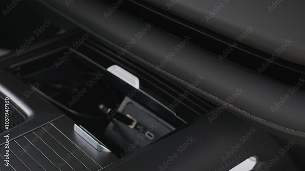 Interior details of a black car interior. Slow camera movement
