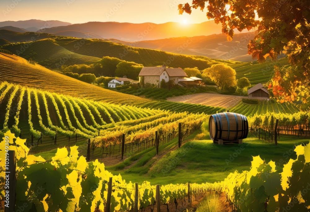 Naklejka premium captivating vineyard landscape featuring sunlit wine barrels among lush foliage rolling hills naturally frame scenery, abundance, agricultural