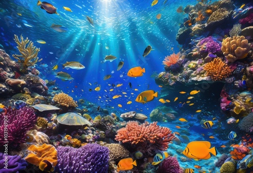 stunning underwater scenes showcasing marine life among vibrant coral ecosystems teeming color diversity, anemone, algae, aquatic, bioluminescence