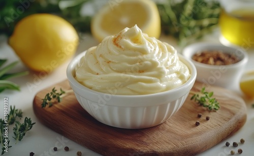 Creamy lemon herb butter garnished with fresh thyme on a wooden board in a br...