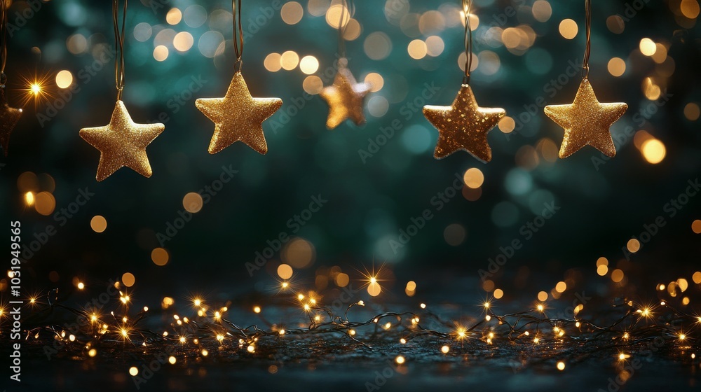 Twinkling star decorations illuminating a mystical backdrop in an enchanting environment Twinkling star decorations illuminating a mystical backdrop in an enchanting environment