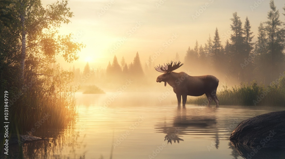 A majestic moose stands in a misty lake at sunrise, surrounded by trees. A majestic moose stands in a misty lake at sunrise, surrounded by trees.