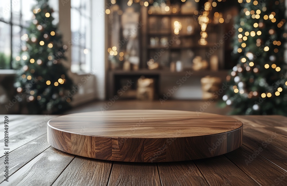 A cozy wooden table set against a festive backdrop of Christmas trees and twinkling lights A cozy wooden table set against a festive backdrop of Christmas trees and twinkling lights
