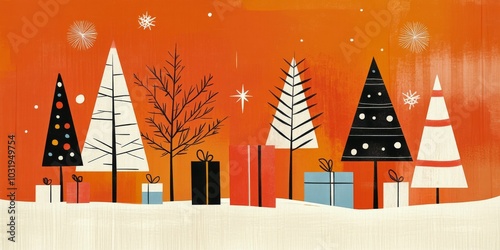 Colorful Christmas gifts and trees adorn a festive scene with vibrant decorat...