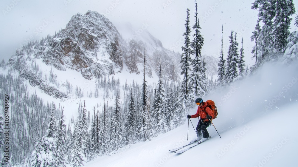 Backcountry skier traversing snow-covered mountain ridge on a cloudy winter day, capturing the serenity of remote alpine landscapes in winter wilderness Backcountry skier traversing snow-covered mountain ridge on a cloudy winter day, capturing the serenity of remote alpine landscapes in winter wilderness