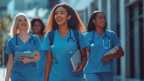 A group of women wearing blue scrubs and carrying medical books