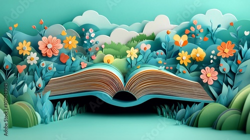 Wallpaper Mural Delightful flat illustration in paper cut style for World Book Day showcasing an open book with colorful flowers and a whimsical landscape providing ample copy space for inspirational quotes Torontodigital.ca