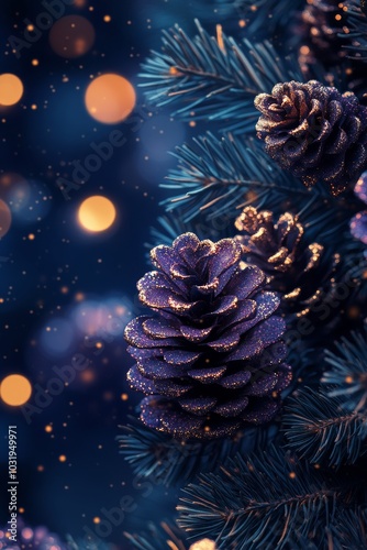 Festive holiday decor featuring purple pinecones and twinkling lights on a da...