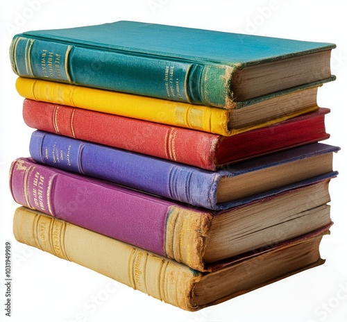 A stack of vintage books featuring colorful covers, resting on a clean white surface