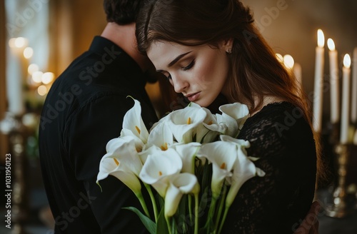 A couple embraces in a dimly lit room decorated with candles and fresh calla ...