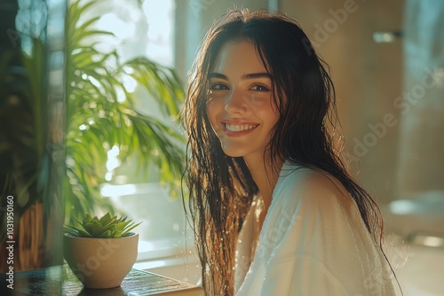Young woman with wet hair smiling in bright bathroom with greenery and natura...