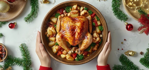 Festive roasted chicken surrounded by vegetables and festive decorations on a...