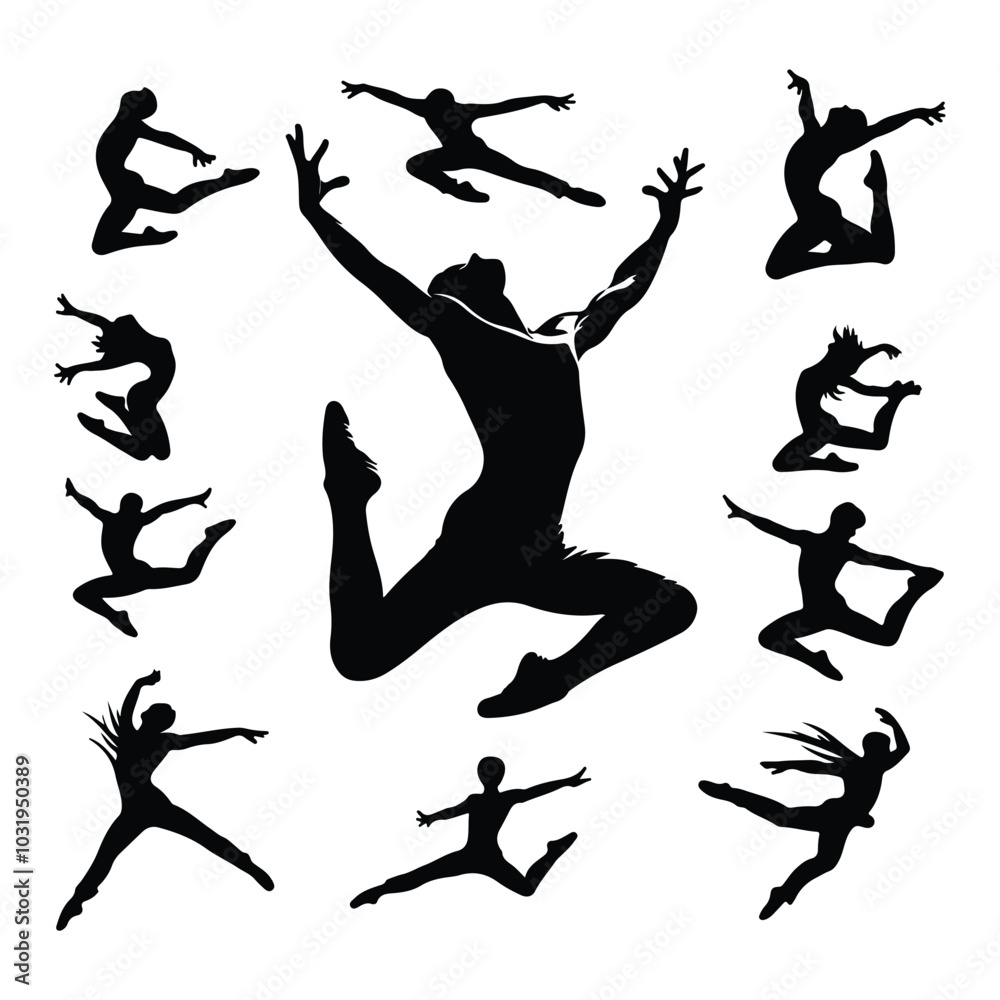 Obraz premium Silhouette of a black dancer leaping in mid-air vector set icon with white background
