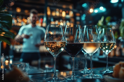 Elegant wine tasting featuring an array of glasses in a sophisticated bar set...