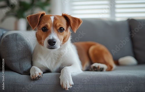 A playful dog relaxing on a cozy couch in a bright, sunlit living room