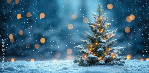 A snow covered Christmas tree adorned with lights shining brightly in a winte...