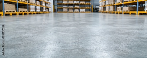 Clean warehouse floor with shelves in background, ideal for industrial showcasing.