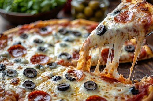 Hot pepperoni pizza with olives being served fresh from the oven at a cozy re...