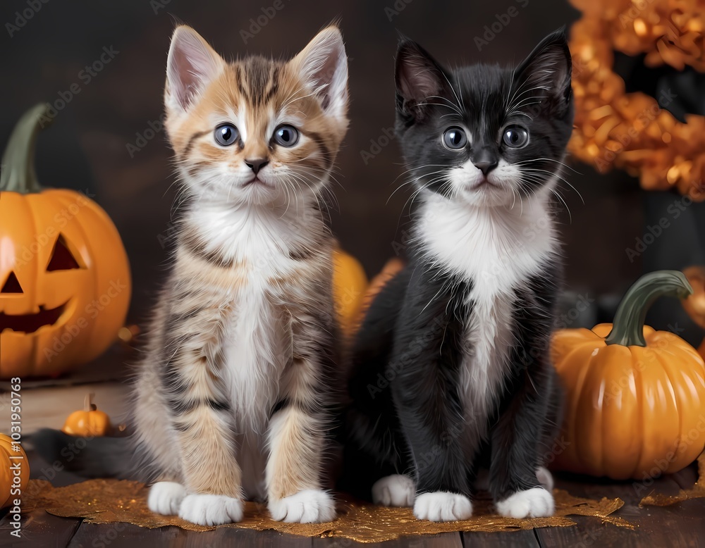 playful kittens pose with Halloween pumpkins in a festive autumn setting