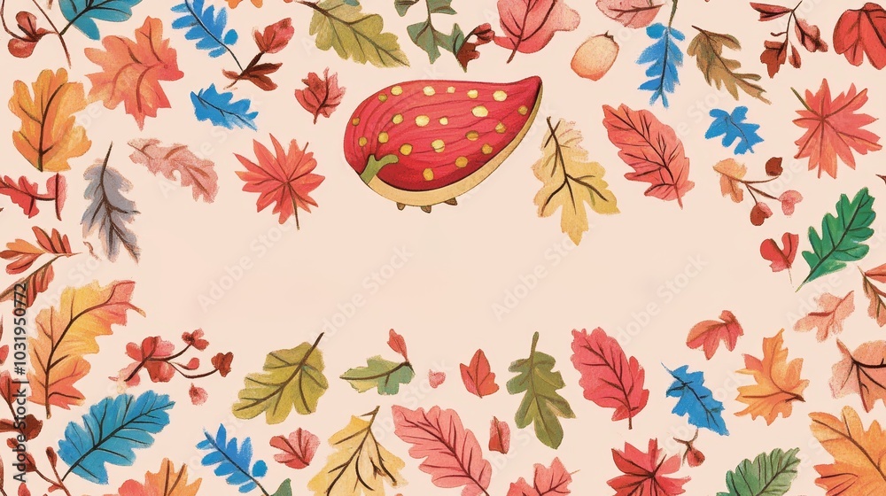 Colorful hand-drawn autumn leaves frame with a cute red mushroom, creating a whimsical border around empty beige space for text or design elements Colorful hand-drawn autumn leaves frame with a cute red mushroom, creating a whimsical border around empty beige space for text or design elements