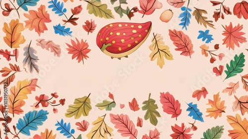 Colorful hand-drawn autumn leaves frame with a cute red mushroom, creating a whimsical border around empty beige space for text or design elements