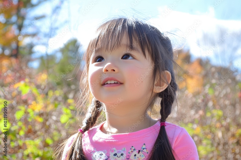 A joyful young girl gazes at the sky on a sunny autumn day in a colorful park A joyful young girl gazes at the sky on a sunny autumn day in a colorful park