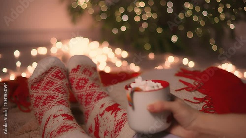 A cozy holiday evening, relaxing on the couch, hand holding cacao cup, feet wearing Christmas socks on, by the Christmas tree. Close UP