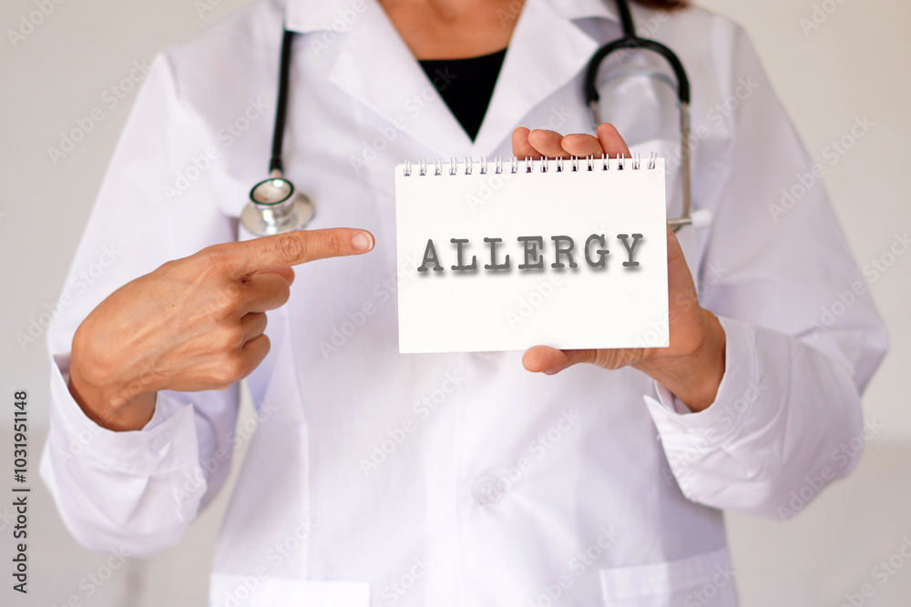 Allergy concept. woman doctor pointing to a notepad