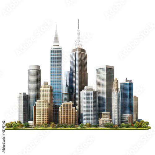 Detailed City Skyline on White Background Transparent Background