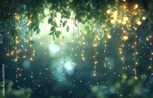 Enchanting outdoor setting illuminated by hanging lights and soft glowing orbs at sunset