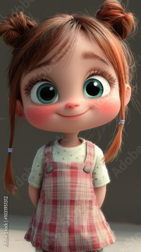 Charming animated girl with big eyes wearing a cute checkered dress in a playful pose