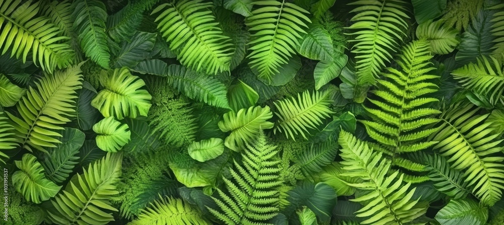 Lush Tropical Background A Close-Up of Vibrant Green Foliage and Exotic Plants on a Wall Lush Tropical Background A Close-Up of Vibrant Green Foliage and Exotic Plants on a Wall