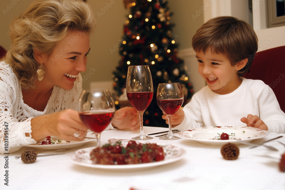A woman and a child are sitting at a table with wine glasses and plates of food A woman and a child are sitting at a table with wine glasses and plates of food