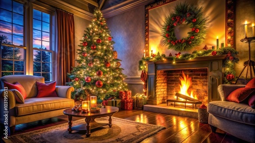 Cozy Christmas Evening by the Fireplace with Festive Tree and Warm Flames in a Beautifully Decorated Interior Setting