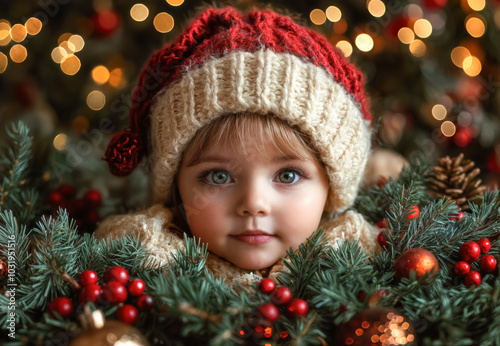 Adorable little girl wearing a knitted santa hat surrounded by christmas tree branches and baubles