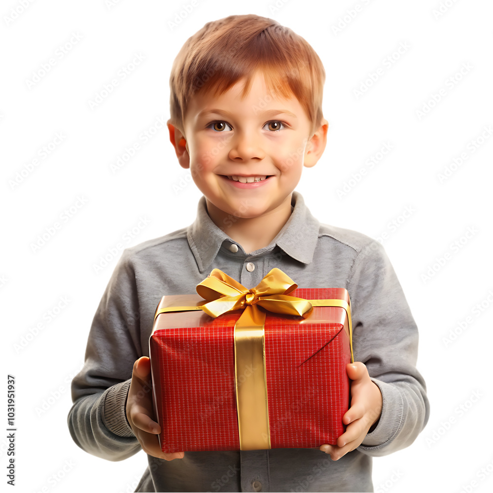 Happy child in red sweater and Santa hat holding Christmas present Happy child in red sweater and Santa hat holding Christmas present