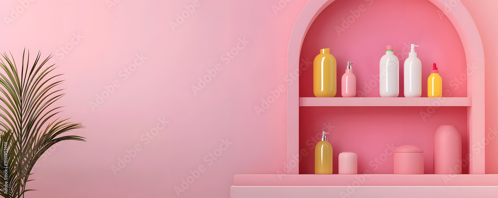 A serene pink interior scene featuring decorative bottles on a shelf, complemented by a green plant, creating a vibrant yet calming aesthetic. A serene pink interior scene featuring decorative bottles on a shelf, complemented by a green plant, creating a vibrant yet calming aesthetic.