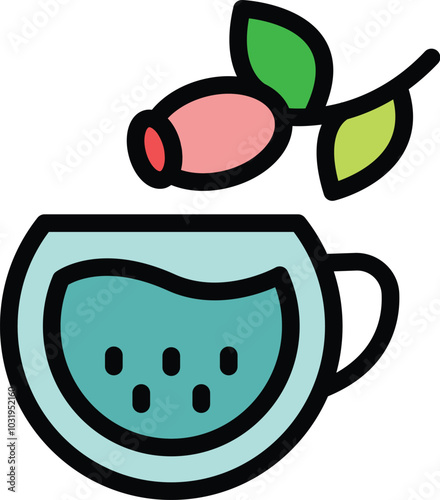 This colorful illustration depicts a soothing cup of rosehip tea, perfect for representing the benefits of herbal remedies