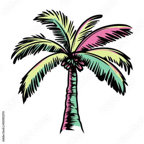colorful vector palm tree 2d for exotic vacation pictures or t-shirts, generative AI