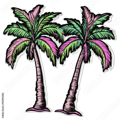 colorful vector palm trees 2d for exotic vacation pictures or t-shirts, generative AI