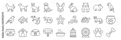Pets line icon set. Vector pictograms of cat, dog, rabbit, fish, bird, lizard, domestic animals thin linear illustration.