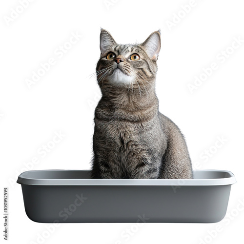 A tabby cat sitting attentively in a gray litter box, set against a modern indoor background with soft lighting.
