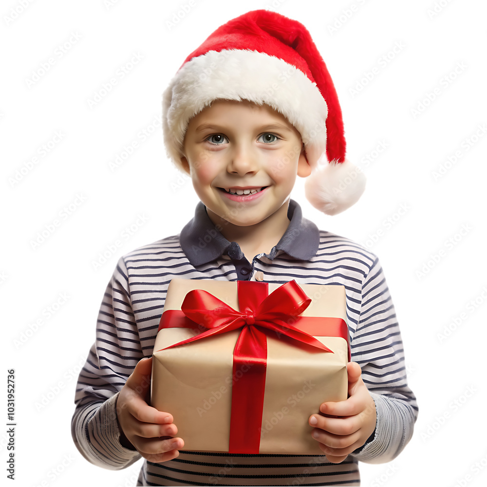 Happy child in red sweater and Santa hat holding Christmas present Happy child in red sweater and Santa hat holding Christmas present