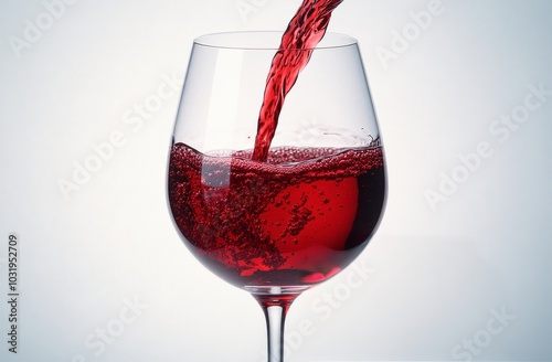 Pouring red wine into a glass with bubbles, showcasing a rich color and enticing aroma