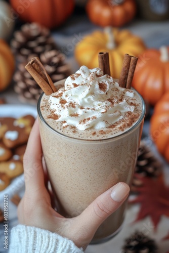 Warm pumpkin spice latte with whipped cream and cinnamon in a cozy autumn set...