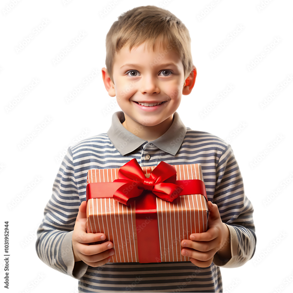Happy child in red sweater and Santa hat holding Christmas present Happy child in red sweater and Santa hat holding Christmas present