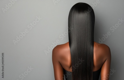 Long, sleek dark hair cascading down the back of a person against a neutral g...