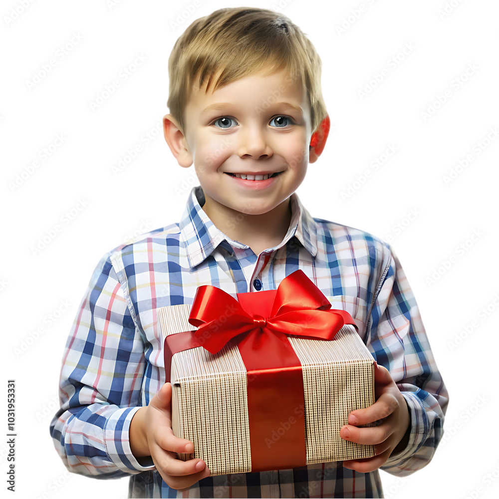 Happy child in red sweater and Santa hat holding Christmas present Happy child in red sweater and Santa hat holding Christmas present