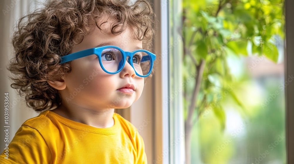 Young child wearing blue glasses focusing on distant tree outside window, symbolizing myopia prevention and importance of outdoor activities. Young child wearing blue glasses focusing on distant tree outside window, symbolizing myopia prevention and importance of outdoor activities.