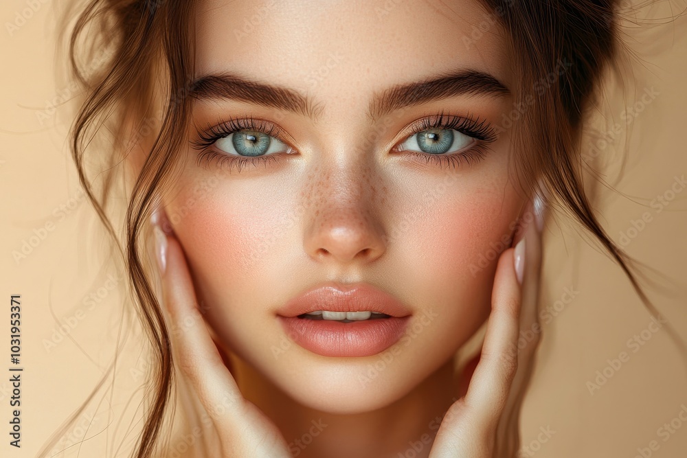 Closeup shot of slim lady with perfect ideal body touching soft skin on her hips with hands, posing over beige studio background, Generative AI Closeup shot of slim lady with perfect ideal body touching soft skin on her hips with hands, posing over beige studio background, Generative AI